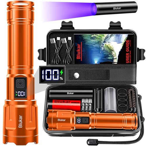Blukar Recargable Linternas LED Alta Potencia, Enfoque Ajustable Táctica Linterna con 4 Luz y 3 Temperaturas de Color, IP67 Impermeable & Portátil Linterna de Emergencia para Senderismo/Camping/Viajes