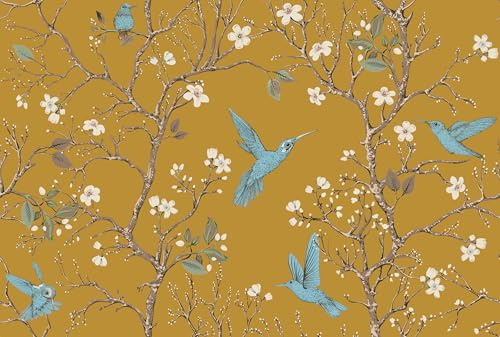 ReWallpaper 44.5CMx7M Vintage Tapete Selbstklebende Folie Möbel Blumen für Basteln Wand Tapete Schlafzimmer Flur Möbelfolie Gelb Muster Blumen Vögel Blau Schrankfolie Küche Dunkelgelb