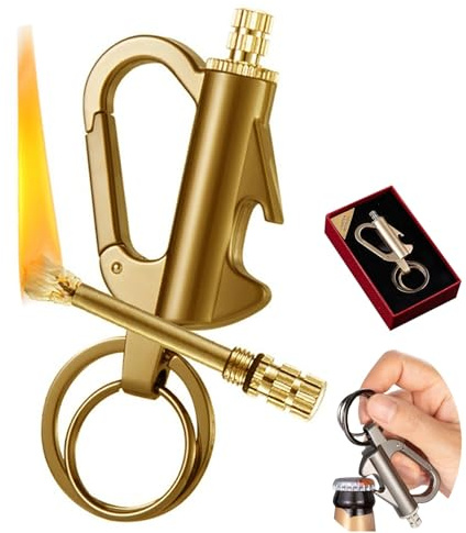 Encendedor de Cerilla Permanente de Metal, Mechero de Pedernal Impermeable con Llavero, Fire Starter Reutilizable para Supervivencia, Camping y Emergencias al Aire Libre (Gold)