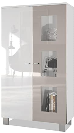 Vladon Vitrine Denjo, Made in Germany, Standvitrine mit 2 Türen und 3 Glaseinsätzen, Weiß matt/Weiß Hochglanz/Sandgrau Hochglanz (71 x 129 x 35 cm)