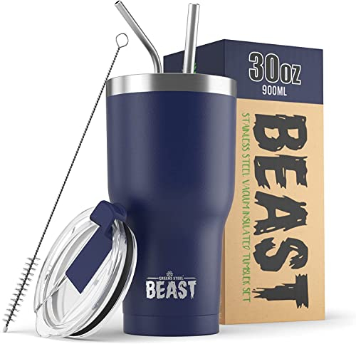 Beast Thermobecher 900 ml - Königsblau I Mehrweg Thermo Kaffeebecher To Go mit 2 Strohhalmen & Reinigungsbürste I Doppelwandiger Trinkbecher aus Edelstahl I Perfekt für Kaffee oder Eiskaffee