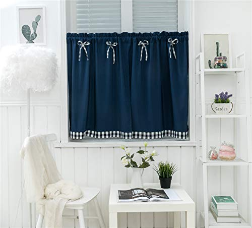 Dreamskull Cortinas cortas para ventanas pequeñas, de estilo rústico, vintage, opacas, modernas, de cocina, a cuadros, 90 cm de alto, juego de 2 unidades para salón, color azul oscuro