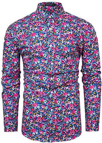 fohemr Mens Floral Shirt Casual Button Down Long Sleeve Flower Printed Shirt 100% Cotton Pink Floral Print XX-Large