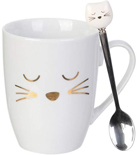 The Concept Factory, KA4189, Mug en Forme de Chat avec cuillère en Acier Inoxydable, Porcelaine Durable, Design ludique, capacité 35 cl, Dimensions 10 x 115 x 82 cm, Couleur Blanc et Or