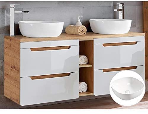 Lomadox Badmöbel Waschtisch Set in weiß Hochglanz & Wotan Eiche Nb., 2 Keramik-Aufsatzwaschbecken, 140 cm Waschtischunterschrank 4 Softclose-Schubkästen