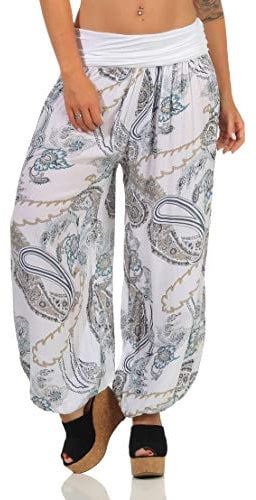 Malito Damen Aladinhose mit Print | Haremshose zum Tanzen | Pumphose zum Chillen - Freizeithose - Pluderhose 7185 (weiß)