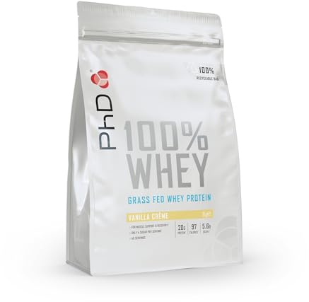 PhD Nutrition 100% Grassfed Whey Protein in Polvere 1kg Crema di Vaniglia - Proteine del siero di latte con 19g di proteine e 5,5g di BCAA per porzione, Basso contenuto di zuccheri e calorie