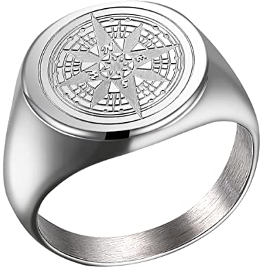 Joliernelle Herren Kompass Ring Silber Siegelring Edelstahl Reisegeschenk Größe 57