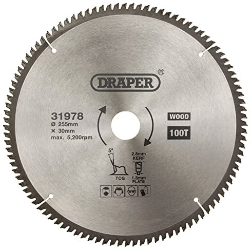 Draper Lame de scie circulaire 31978 TCT à triple puce - 255 x 30 mm - 100 dents - Argent - Taille unique