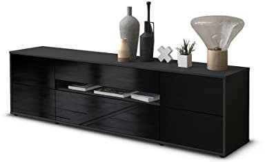 Stil.Zeit Lowboard Annick, Korpus anthrazit matt, Front Hochglanz-Design Schwarz (180x49x35cm) Push-to-Open Technik & Leichtlaufschienen