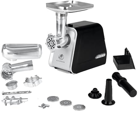 KOCHWERK elektrischer Fleischwolf mit verschiedenen Aufsätzen | verarbeitet bis zu 2000g/min | Hackfleisch, Kibbeh, Churros, Wurst & mehr auf Knopfdruck | leichte Bedienung und Reinigung [1600W]
