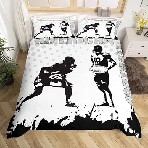 American Football Bettdeckenbezug, Doppelbettgröße, Sport-Fußballspieler-Bettbezug mit 2 Kissenbezügen, 3-teilig, schwarz-weiß, Kunst-Graffiti-Polyester-Bettwäsche-Set für Jungen, Teenager,