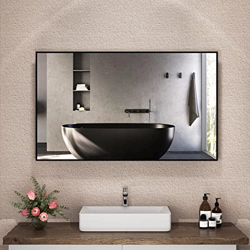 Boromal Badspiegel Schwarz 100x60cm Spiegel Schwarz Metallrahmen Badezimmerspiegel Schwarz Dekorative Wandspiegel für Badezimmer, Waschräume, Schlafzimmer, Ohne LED Beleuchtung
