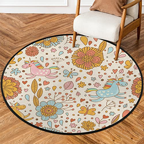 Reichhaltiges Blumenmuster Teppich Einhorn 162,6 cm runder Teppich rutschfester runder Bereich Teppich für den Innenbereich Used-Look Bodenmatte Teppich für Wohnzimmer Esszimmer