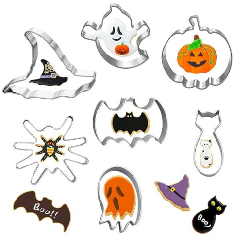 Juego de 10 cortadores de galletas de Halloween, de acero inoxidable, calabaza, murciélago, fantasma, gato, calavera, sombrero de bruja, molde para pastelería, fondant, sándwich, decoración de