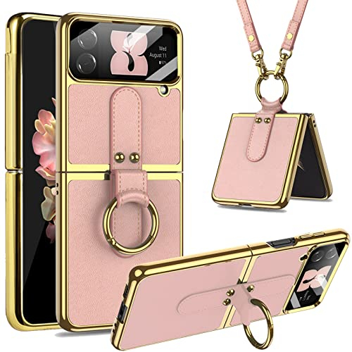 Miimall Lederhülle Kompatibel mit Samsung Galaxy Z Flip 4 Hülle mit Kameraschutz, Z Flip 4 Handyhülle mit Band+Ring+Ständer Galvanisierter Rahmen Stoßfest Schutzhülle Handy für Galaxy Z Flip 4-Rosa