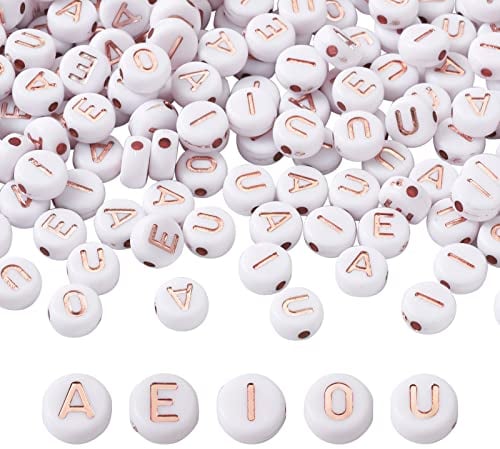 Bestewelry 500Pcs Flat Round Acrylic Letter Beads with Rose Gold Vowels Letter 7mm White Disc Coin Alphabet Loose Beads Spacer for Jewellery Making