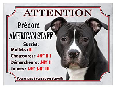 Plaque humour Attention au Chien en métal Aluminium - panneau american staff compte ses trophées,pancarte american staff humour modèle noir