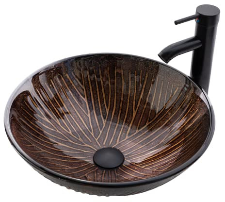 YIMAI Ingenuity Vessel Sink 16.5 Bathroom Sinks Tempered Glass Brown Art Basin Round Bowl with Faucet Combo, Tree Streak Pattern,Modern Countertop Bowl Sink