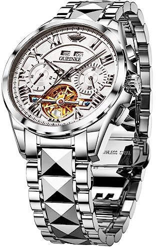 OUPINKE Herren-Armbanduhr, automatisch, Skelett, selbstaufziehend, wasserdicht, leuchtend, Wolfram, Weiß/goldfarben, Mechanische Skelett-Armbanduhr