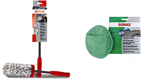 SONAX Microfaser FelgenBürste (1 Stück) & MicrofaserPflegePad (1 Stück) für gleichmäßiges Auftragen von Kunststoffpflegemitteln im Innenraum und ein gründliches Ergebnis | Art-Nr. 04172000