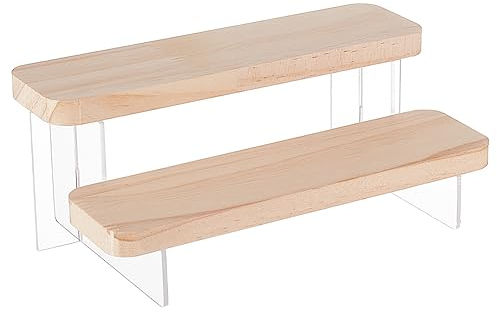 BENECREAT 2-Tier Figure Display Stand Wooden Tiered Organizer Holder, Acrylic Minifigures Display Risers for Models, Building Blocks Display