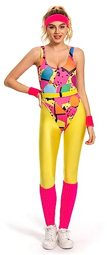 COREWO 80er-Jahre-Trainingskostüme für Damen, Aerobic-Kostüm, Gymnastikanzug, Yoga-Hose, Gürtel, Outfit, 6-teilig (XXL, bunt bedruckt)