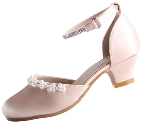 EIGHT KM Scarpe Mary Jane con Tacco Alto da Ragazza Principessa per Matrimonio e Festa EKM7033 Seta Liscia Lucida perlacea Oro Taglia EU 27