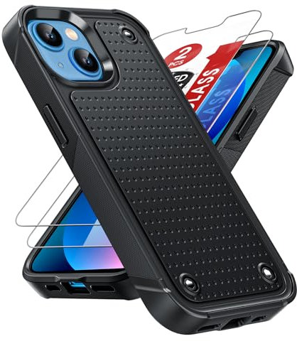 LeYi for iPhone 14 / iPhone 13 6.1 Case, Phone Cover with 2 Pack Tempered Glass Screen Protectors, Heavy Duty Hard PC Textured Shockproof Back Armour Case Black