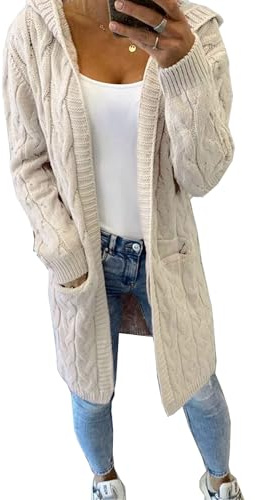 Hooded Chunky Cable Knit Cardigan Long Warm Winter Hood Open Front
