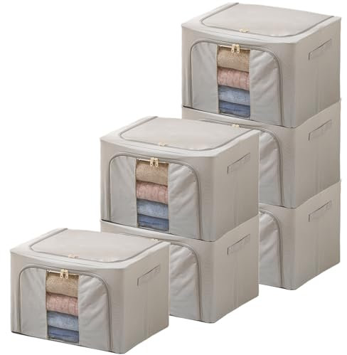 Goesort 6 Pack Clothes Storage Boxes with Steel Frame Support, 66L Moving Bag Wardrobe Storage Organiser Packing Boxes for Moving House with Clear Windows for Towel Duvet Sweater Bedding, Grey