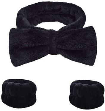 Zimoer Set de Bandeau et Bracelets de Lavage de Visage, Bandeaux de Spa Facial, Serre-Tête de Maquillage pour Soins de Peau, SPA, YOGA (Noir-1)