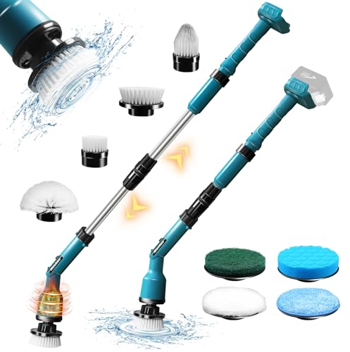 MaxAwe Akku Spin Scrubber, kompatibel mit Makita 18V Akku, 360° Schnurlos 63-120cm Dehnbar Reinigungsbürste mit 8 Austauschbaren Bohrbürstenköpfen, für Badezimmer, Badewanne, Fliesen, Auto und Garten