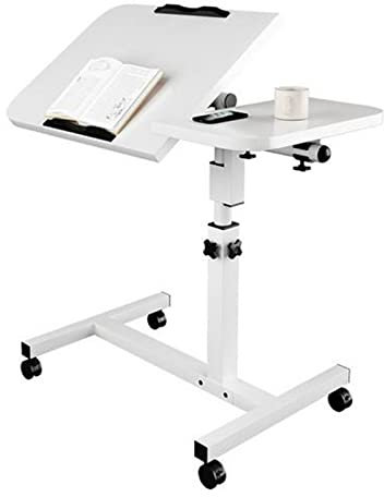 EXSELTMAN Mesa Auxiliar Plegable con Altura Ajustable, Portátil Mesa Auxiliar Cama, Soporte de Ratón Separado, Escritorio de Pie Móvil, 60 x 40 cm, Plegable, 360 ° Mesa Auxiliar con 4 Ruedas (Blanco)