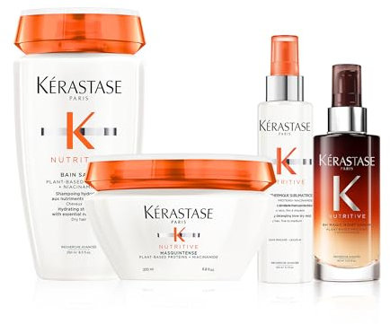 KÉRASTASE Nutritive - Routine Pour Cheveux Secs À Très Secs Fins à Moyens - Nourrit, Protège & Fait Briller - Niacinamide & Protéines Végétales - Shampoing + Masque + Spray Thermoprotecteur + Sérum
