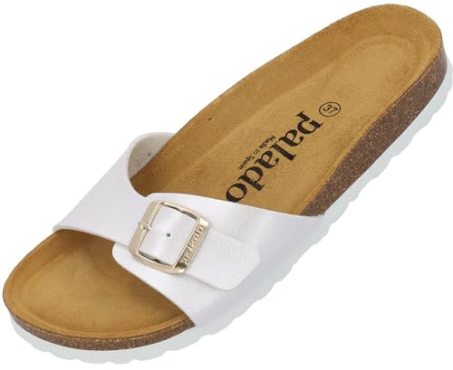 Palado Pantoletten Damen Malta Metallic – Sandalen Made in Spain - elegante Hausschuhe mit Kork-Fußbett - modische Sommerschuhe Weiß/Gold UK9,5 - EU43