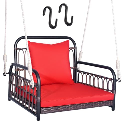 KOMFOTTEU Poltrona Sospesa Pensile in Rattan PE, Sedia Sospesa da Esterno con 2 Cuscini Imbottiti, Sedia a Dondolo Sospesa con 2 Corde Appese Robuste da Giardino, Portico, Veranda, Balcone (Rosso)