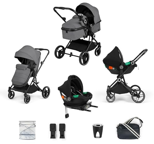 Ickle Bubba Atom All-in-One i-Size Travel System, 3-in-1 Kinderwagen mit Cirrus Autositz & ISOFIX Basis, geeignet von Geburt an bis 22kg, kompakter & leichter Kinderwagen (Graphitgrau)