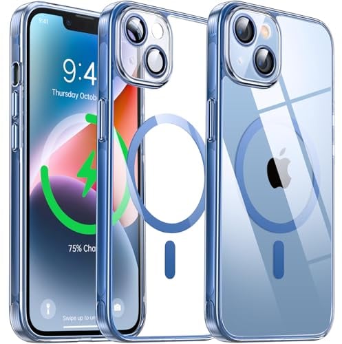 Flyzoo Clear Magnetic Case for iPhone 14 (6.1'') with Camera Protector, [Compatible with MagSafe] [Non-Yellowing] [Shockproof & Antiscratch Protection] Hard Transparent Cover with Silicone Edge, Blue