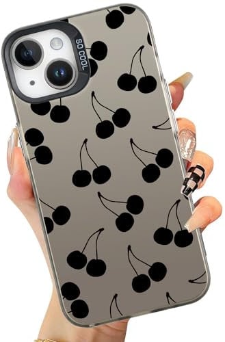 MAYCARI Cute Black Cherry Case Compatible with iPhone 14 Pro max for Girls Women, Girly Slim Thin Soft Shockproof Aesthetic Laser Protective Cover for iPhone 14 Pro max