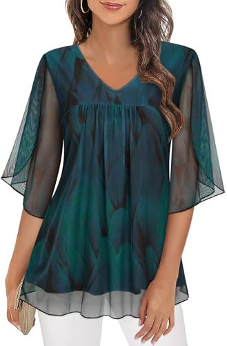 Gemulate half Sleeve Blouses women's occasion tops V Neck floty fitted Tunic Summer going out Clothes holiday clothes for women uk G-Peacock Blue XL