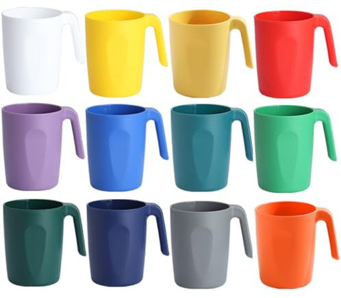 BSTMOME Plastic Coffee Mugs Set of 12, Multi-use Plastic Cups with Handles 15oz, Reusable Water Cup, Easy to Carry, Great for Home, Garden, Picnic, Camping, Outdoor (12 Colors)