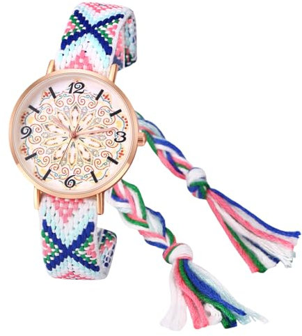 JewelryWe Damenuhr Boho Blumen Uhr: Bohemian Stil Bunt Verstellbar Geflochten Seil Armband aus Baumwolle Analog Quarz Armbanduhr Damen Lässige Uhr mit Rundem Blumendruck Zifferblatt, Blau Weiß Rosa
