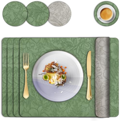 Placemats and Coaster Sets 4, Dual-Sided Leather Floral Place Mats 43x30 cm, Heat Resistant Non-Slip Washable, Waterproof Kitchen Coffee Table Mats for Home Dining Table Restaurant Hotel (Green Grey)