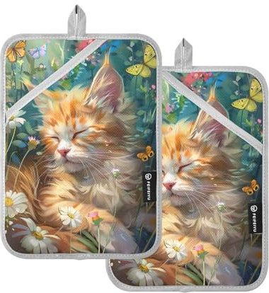 Cat in The Grass in Spring Pot Holders Sets 2-Pack Potholders Square Pot Pad