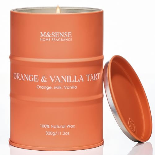 M&SENSE Orange Vanilla Tart Candles Duftkerzen Vanile village candle Sojakerzen sauber und ungiftig 320g 70 Stunden lang anhaltendes Brennen Stark duftende Zitrusduftkerzen