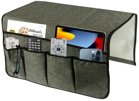 Organisateur d'accoudoir de canapé en coton - Sac de rangement avec 6 compartiments pour tablettes, télécommandes et plus encore - Organiseur d'accoudoir pour canapé, chaise longue et canapé,