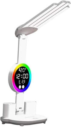 Fenteer Lampe de Lecture, Lampe de Table, veilleuse avec Horloge, Date, température, Portable, Protection des Yeux, Lampe de Bureau, Lampe d'étude décorative, sans Ventilateur