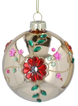 Christmas Decorations, Gold Christmas Tree Bauble with Mini Coloured Jewels Flower Pattern Bauble, Vintage Style Xmas Tree Bauble, Xmas Decoration, Floral Leaf Bauble, Gold Bauble