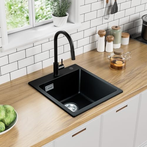 Auralum Spüle mit Armatur Set, Granit Spülbecken Schwarz 40 x 45 cm + Edelsathal Wasserhahn Küche Ausziehbar